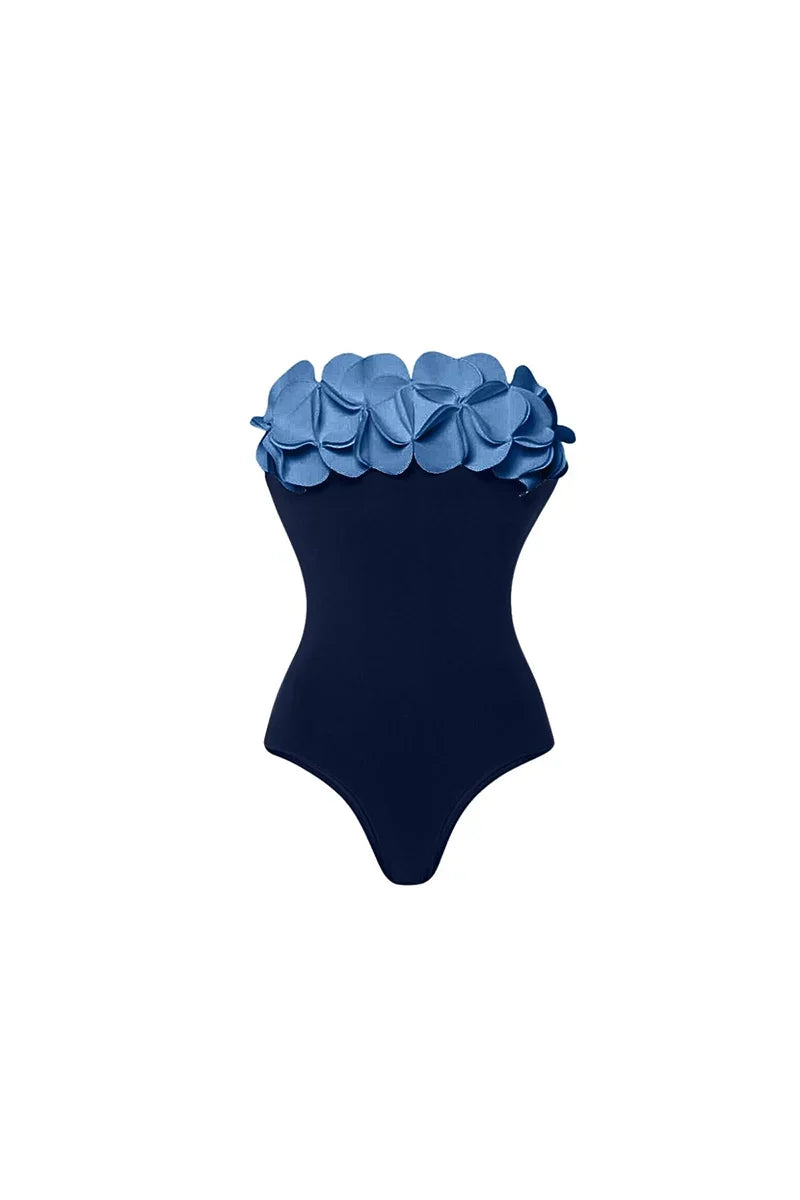 Traje de baño sin tirantes con estampado floral 3D azul