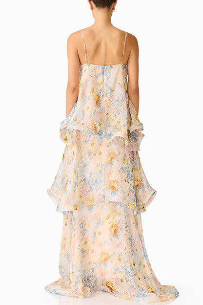 Armani Georgette Fabric Floral Print Tiered Slip Square Neck A-line Maxi Dress
