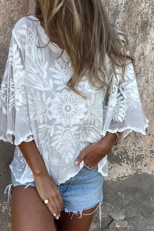Fashionable Embroidered Floral Pattern Loose-fitting Openwork Casual Top