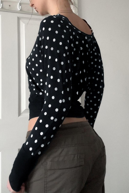 Polka Dot Print Slim Crop Waist Long Sleeve Crop Top