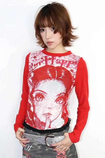 Y2K Anime Print Knit Top