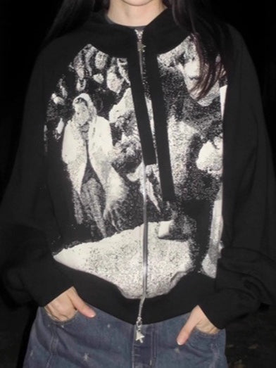 Black White Retro Zip Up Loose Hoodie
