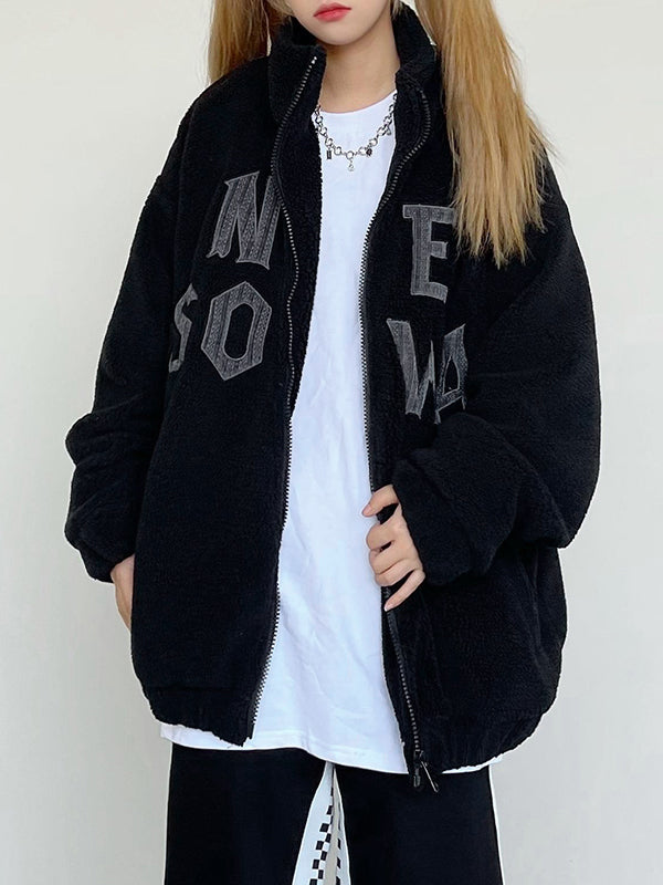 Letter Embroidered Lambswool Oversized Jacket