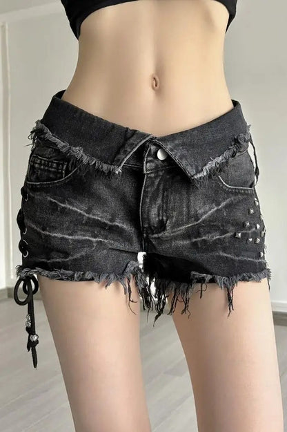 Lace Up Skinny Distressed Denim Shorts
