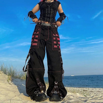 Black Red Contrast Studded Cargo Pants
