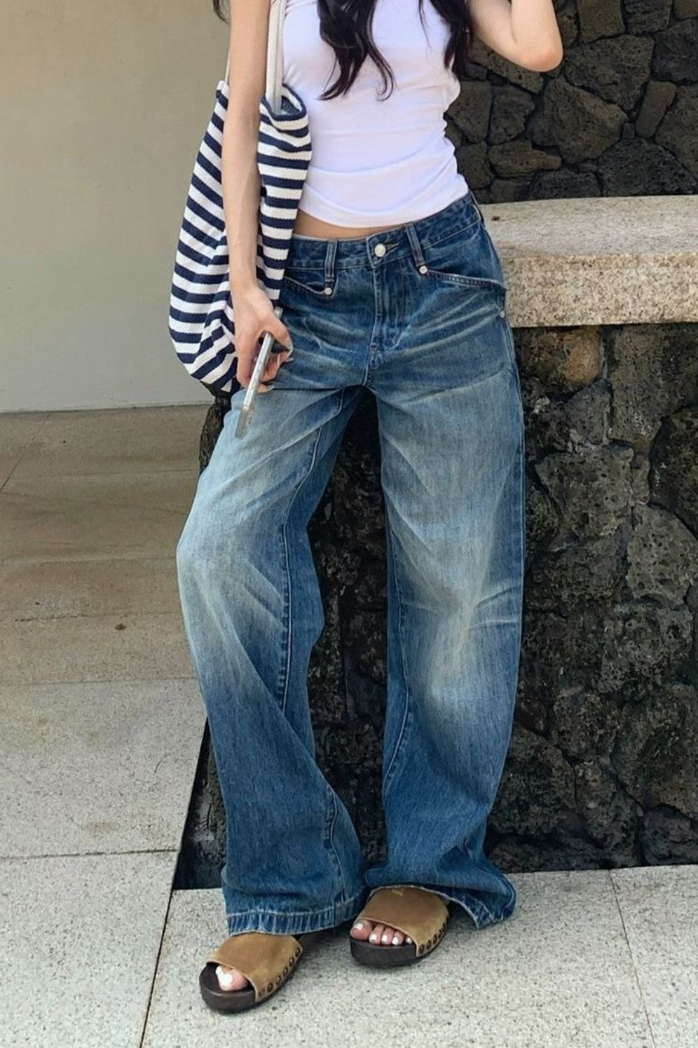 Blue Low Rise Washed Relaxed Straight Jeans