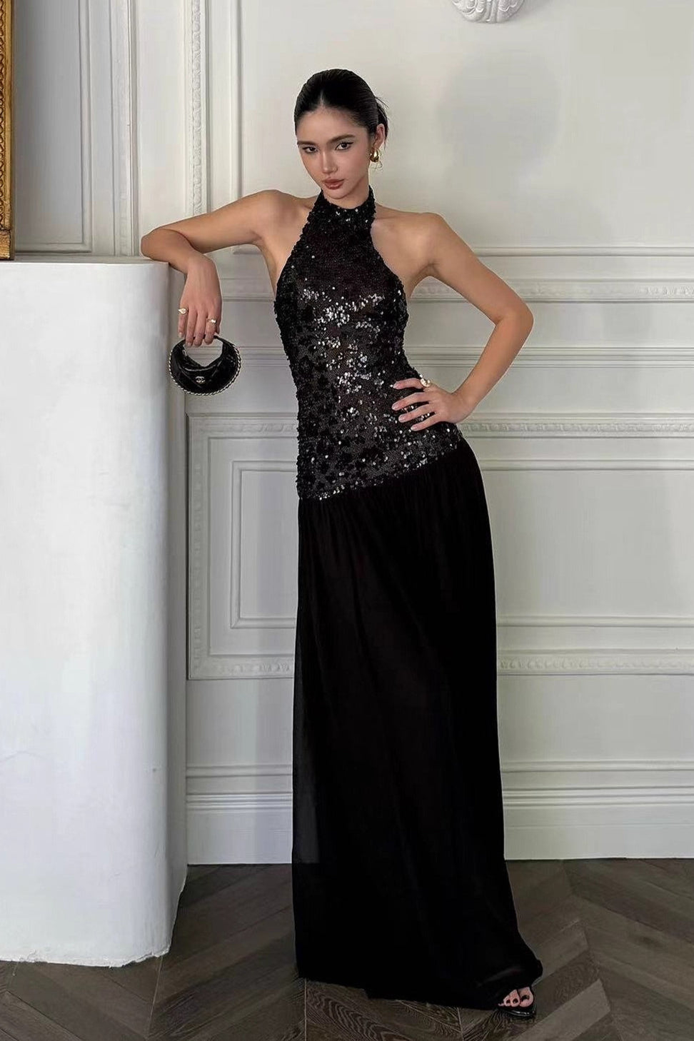 Black Sequin Statement Maxi Dress