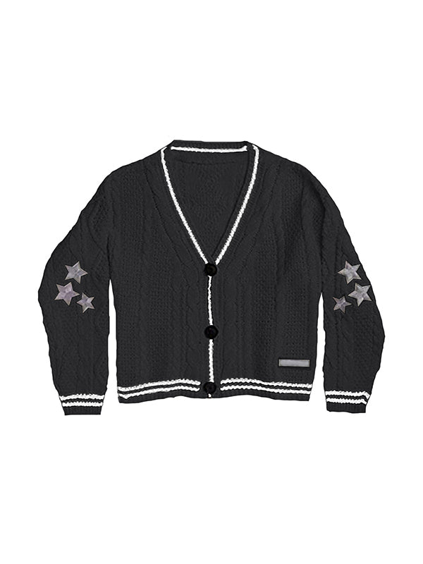 Oversize Star Embroidered Cable Knit Cardigan