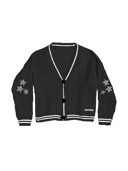 Oversize Star Embroidered Cable Knit Cardigan
