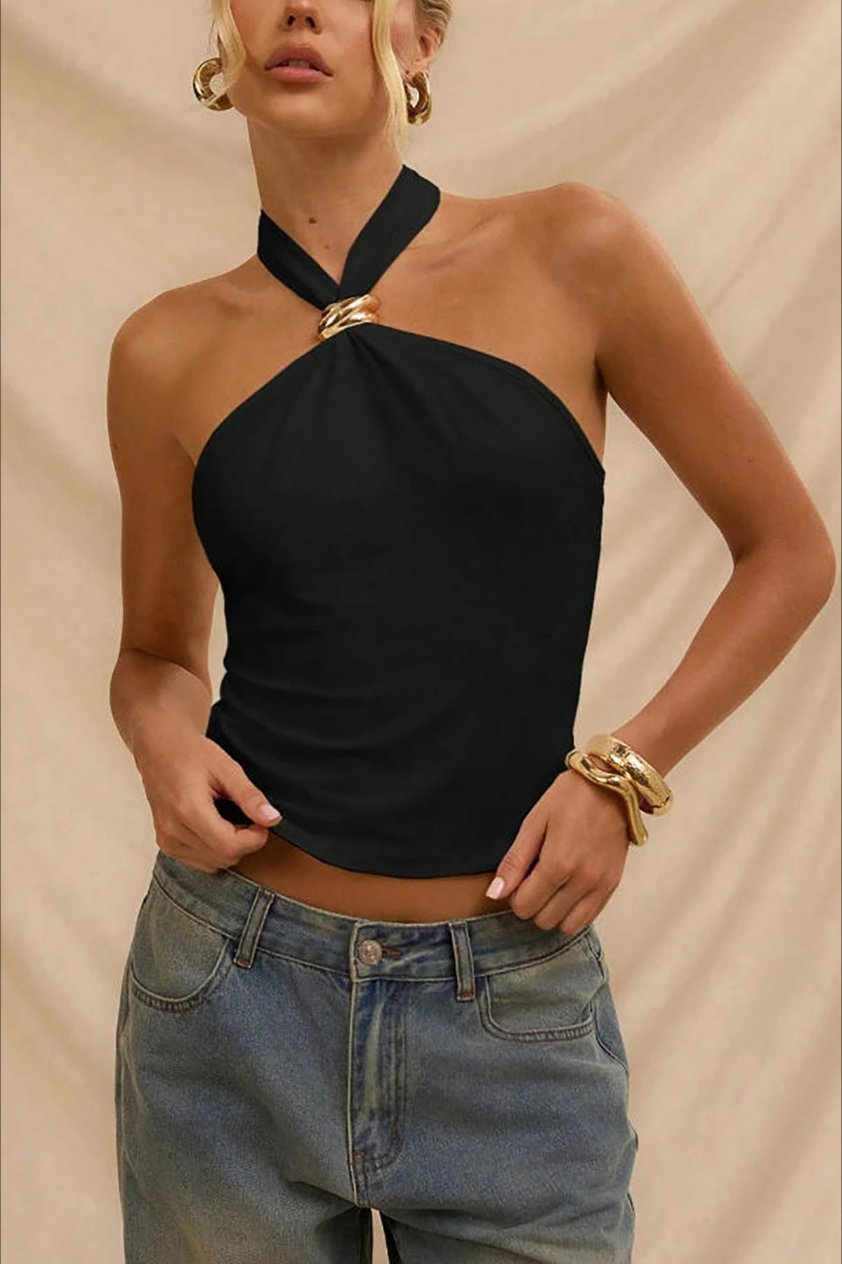 Backless Metal Trim Halter Crop Top