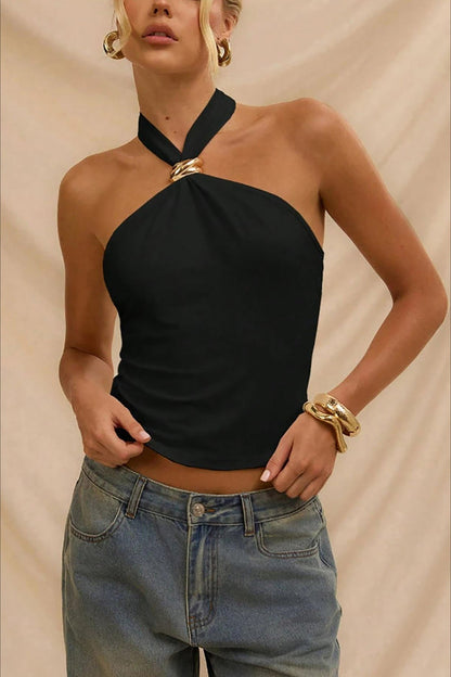 Backless Metal Trim Halter Crop Top