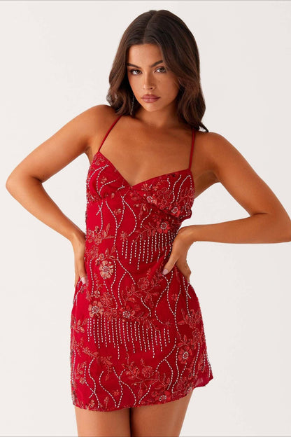 Colorful Beaded Back Tie Cocktail Dress
