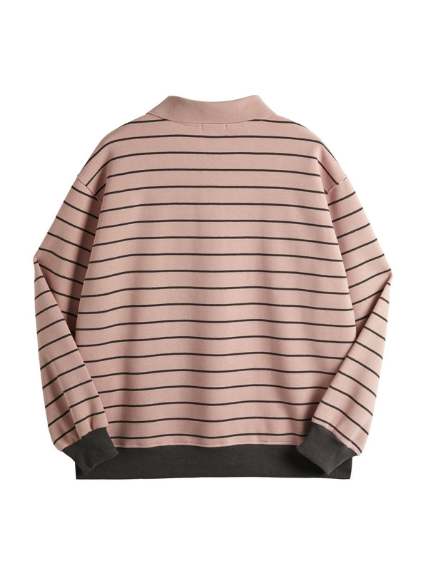 Stripe Print Bear Embroidery Shirt Neck Oversized Hoodie
