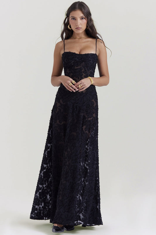 Dainty Lace Spaghetti Strap Tie Waist  Prom Dress
