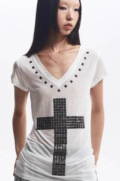Foil Cross Loose V-Neck T-Shirt