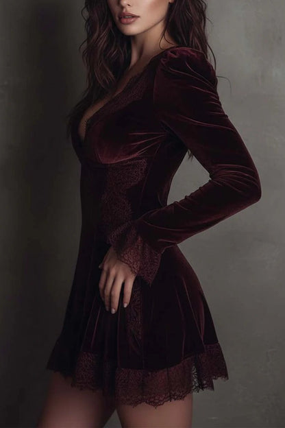 Velvet Lace Trim Mini Dress