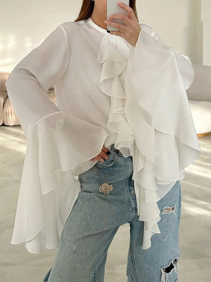 Round Neck Trumpet Sleeve Ruffled Chiffon Shirt