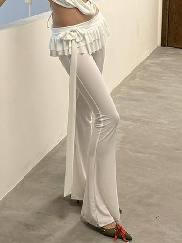 Solid Ruffled Trim Tie Up Flare Leg Pants