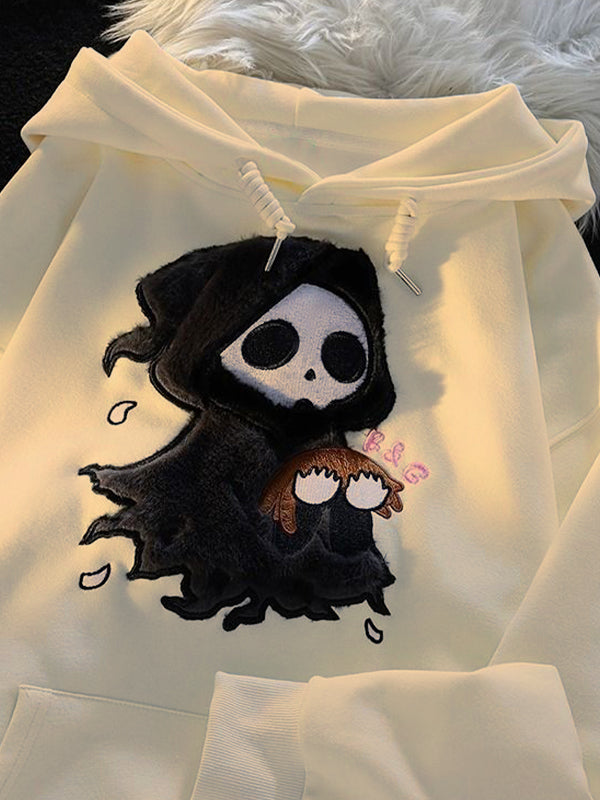 Fuzzy Cartoon Ghost Embroidered Oversized Hoodie