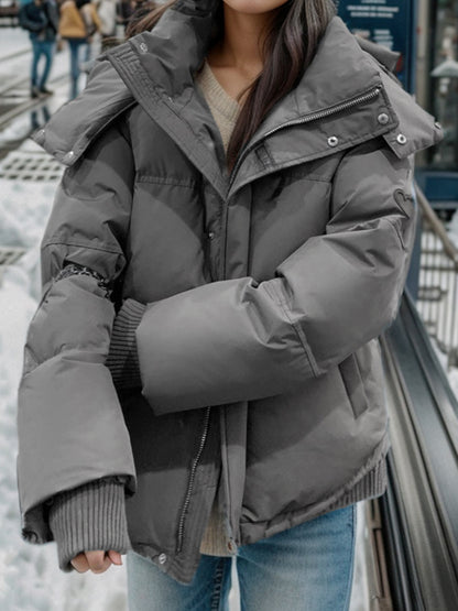 Solid Heart Embellished Hooded Puffer Jacket