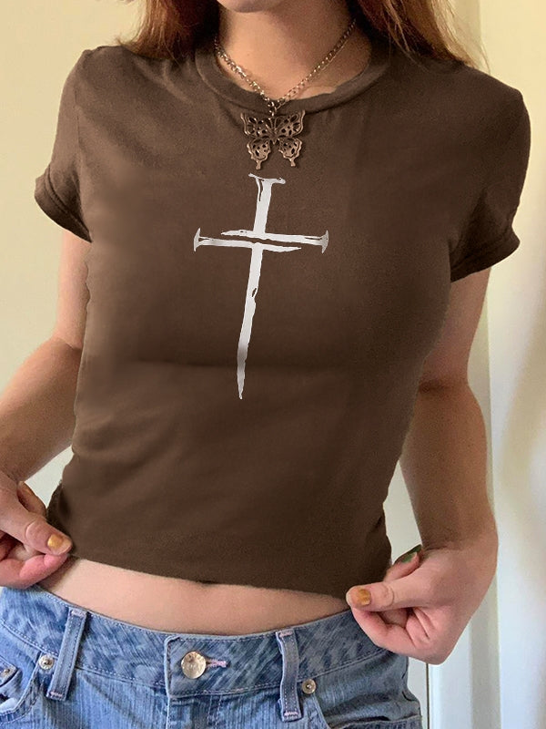 Cross Print Slim Short Sleeve Tee