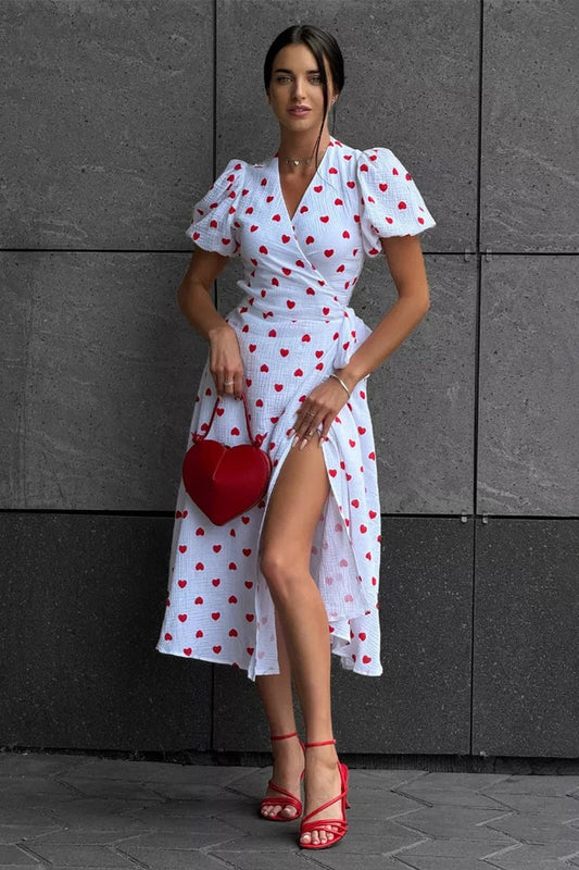 Cotton Print Tie Puff Sleeve Midi Dress
