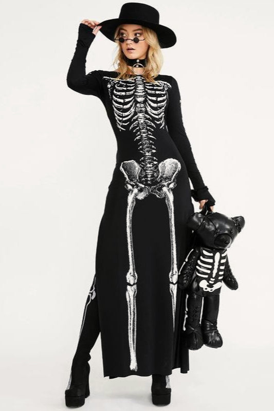 Dark Gothic Skull Print Maxi Dress
