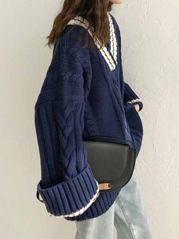 Contrast Color V Neck Cable Knit Sweater