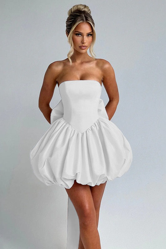 Solid Color Strapless Backless Big Bow Bubble Hem Prom Dress