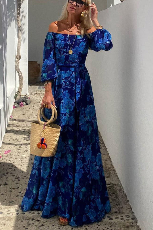 Ladies' One Shoulder Blue Flower Design Sexy Off Shoulder Back Smoke Vacation Long Dress