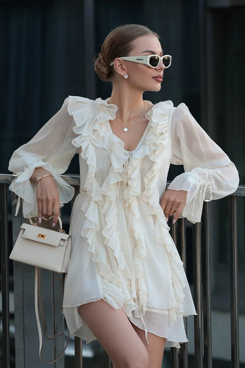 Chiffon Ruffle Tie Waist Mini Dress