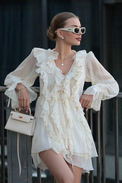 Chiffon Ruffle Tie Waist Mini Dress