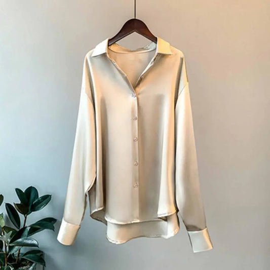 Blusa elegante de satén de manga larga con cuello para mujer | Ideal para primavera/verano