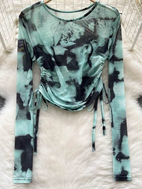 Cyber Tie Dye Drawstring Slim Long Sleeve Mesh Top