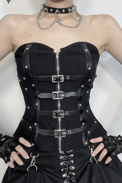 Leather Buckle Boned Strapless Corset