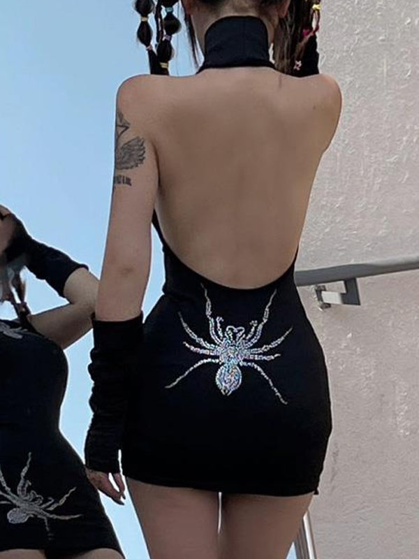 Spider Rhinestone Print High Neck Mini Dress