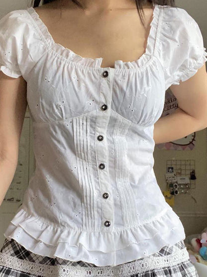 Tie Back Broderie Lace Ruffle Crop Blouse
