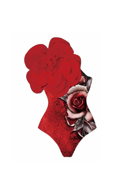 3D Red Floral Print One-Piece Swimsuit Set