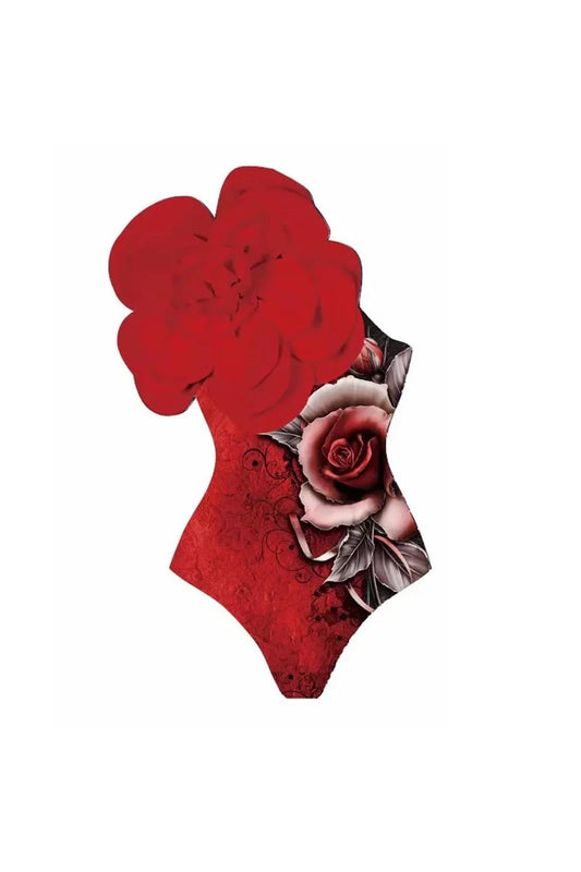 Traje de baño de una pieza con estampado floral rojo 3D