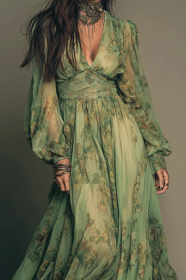 Botanical Print V-neck Long-sleeved Fitted Waist Casual Maxi Dress