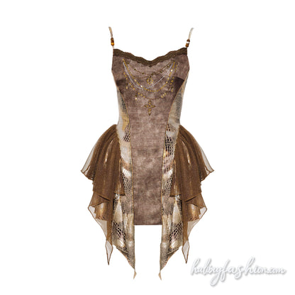 Snakeskin print lace hem beaded cami mini dress