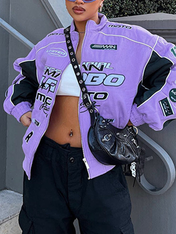 Color Block Splice Print Motorcycle Jacket