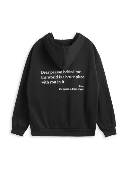 Letter Print Kangaroo Pocket Drawstring Oversized Hoodie