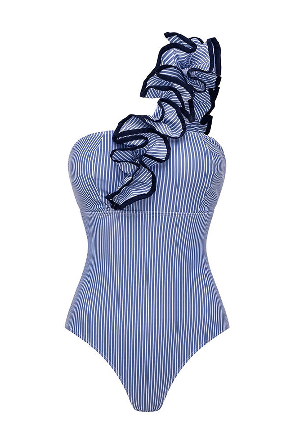 Striped Print One-Shoulder 3D Floral Elastic One-Piece Swimsuit