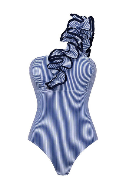 Striped Print One-Shoulder 3D Floral Elastic One-Piece Swimsuit