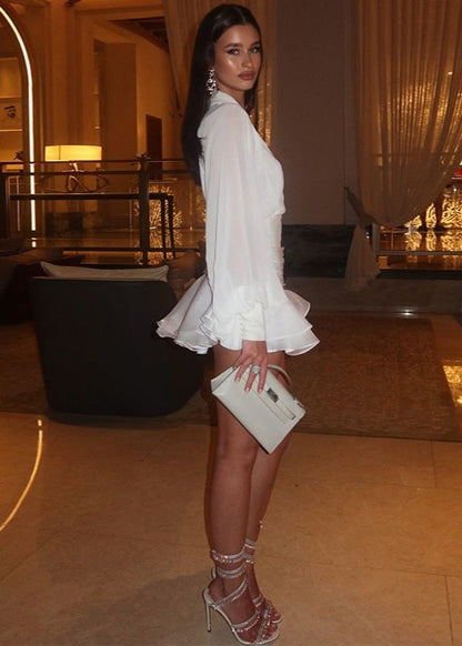 White Chiffon Mini Dress – Long Sleeve Open Back Ruffle Hem Party Dress