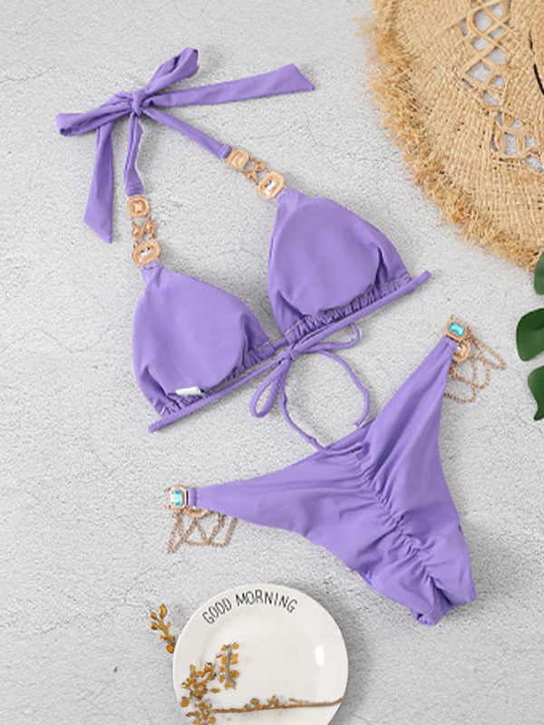 Solid Gem Engraved Halter Tie Back Bikinis