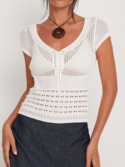 V Neck Cutout Knit Short Sleeve Knit