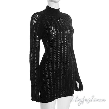 Long sleeve high neck hollow out solid mini dress