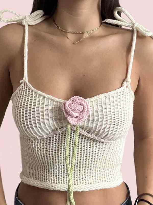 Flower Decor Backless Tie Up Crochet Cami Top
